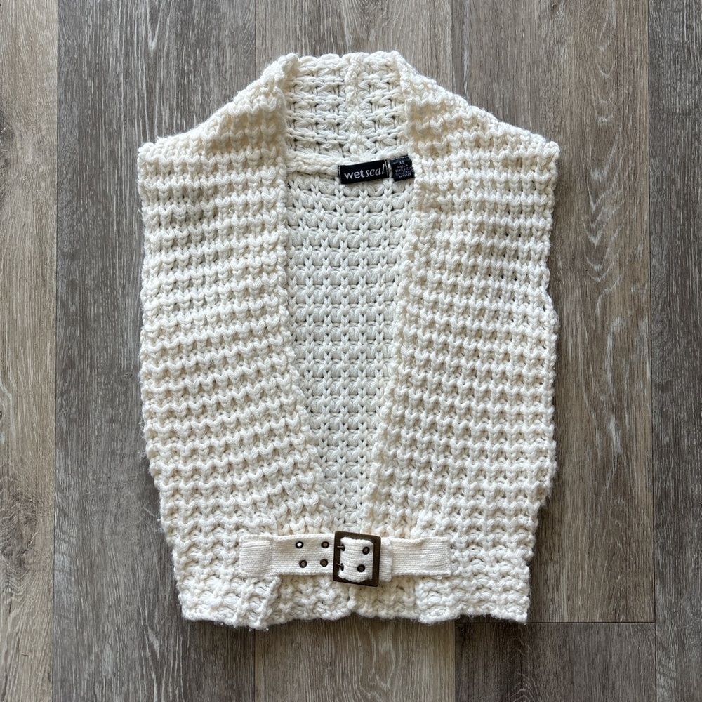 Wet Seal Y2K Cream Cottage Western Boho Crochet Knit Belted Sweater Vest Size XS